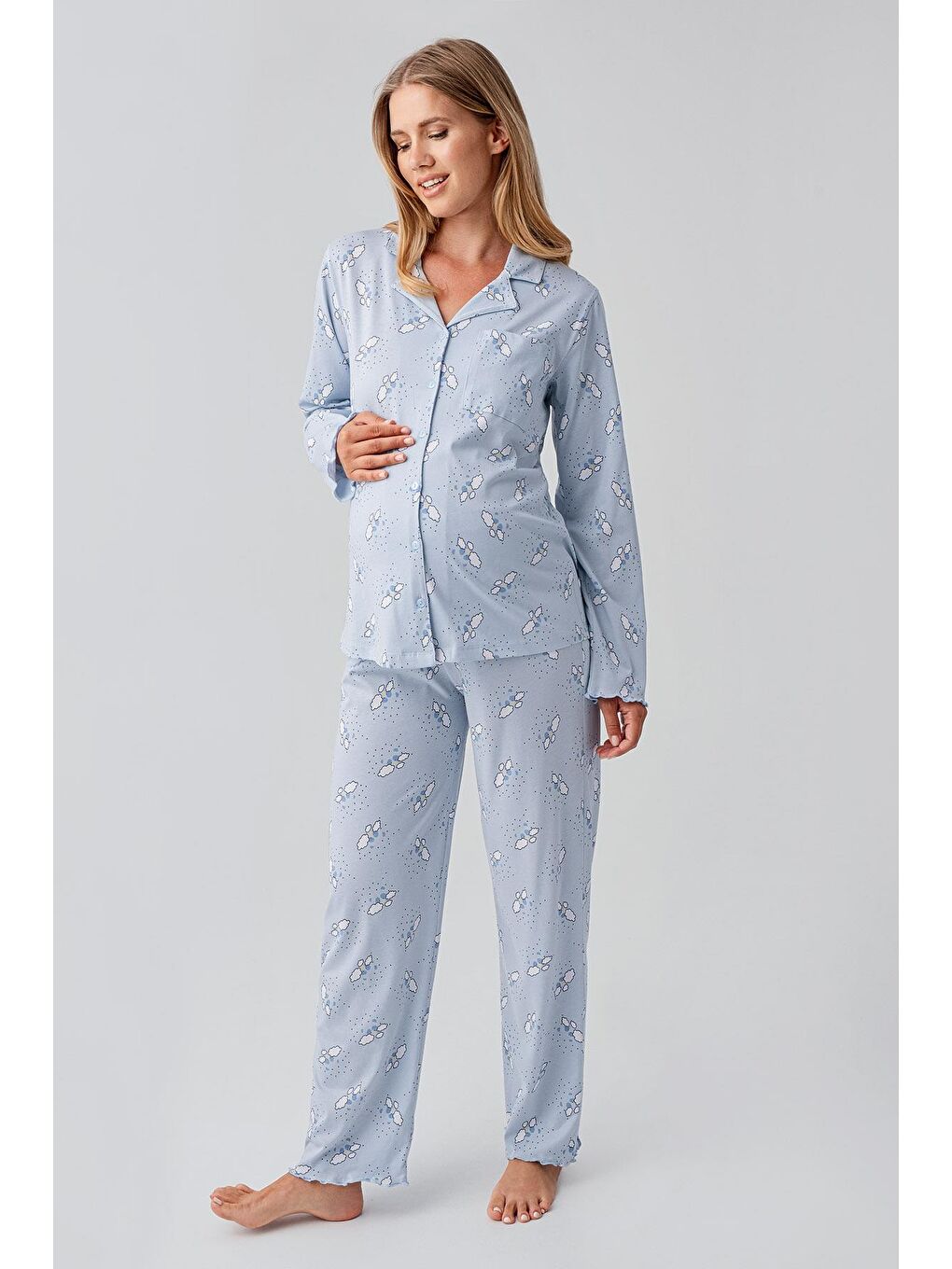 Mavi Uzun Kollu Desenli Düğmeli Esnek Pamuklu Hamile Pijama Takım 18200