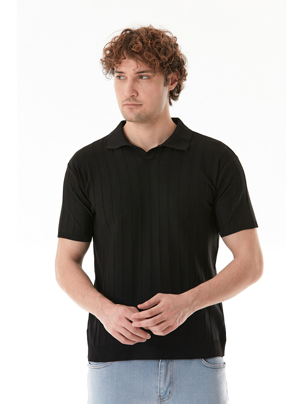 Siyah Şeritli Polo Yaka Triko Tişört-1