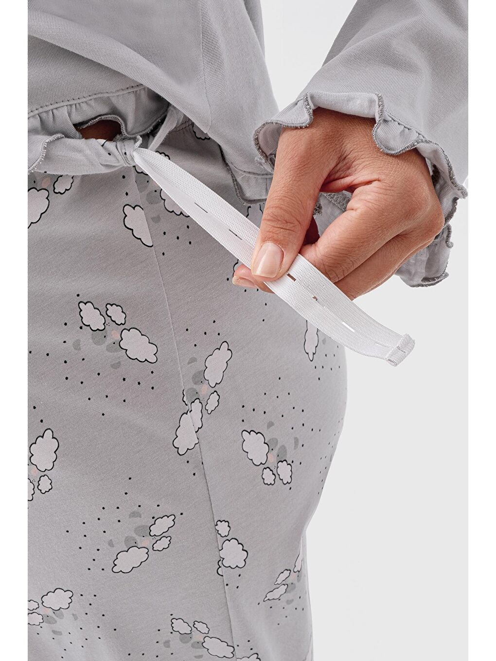 Gri Uzun Kollu Desenli Esnek Pamuklu Hamile Sabahlık Pijama Takım 18300-5