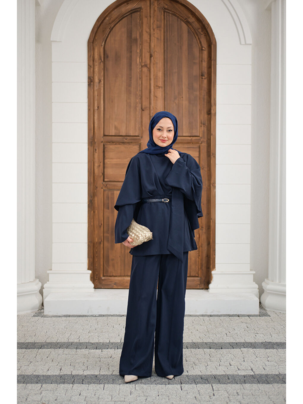 Kadın Önü Pile Detay Kemerli Takım Lacivert-2