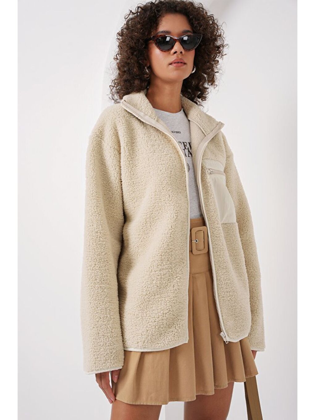 Ekru 55446 Fermuarlı Oversize Pelüş Ceket - Krem-3