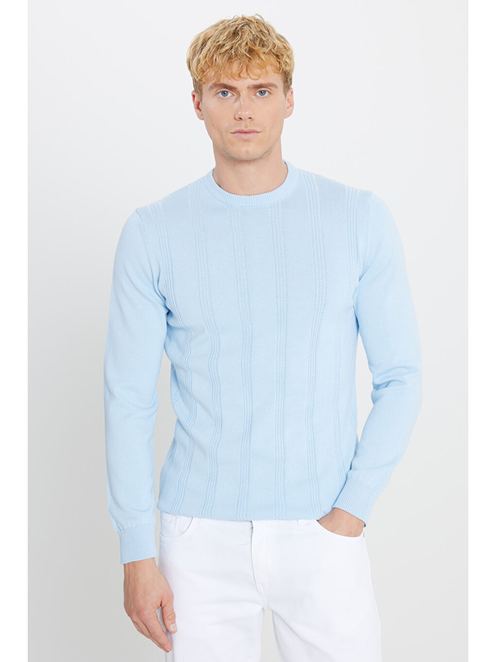 Erkek Buz Mavisi %100 Pamuk Standart Fit Normal Kesim Bisiklet Yaka Jakarlı Triko Kazak-0