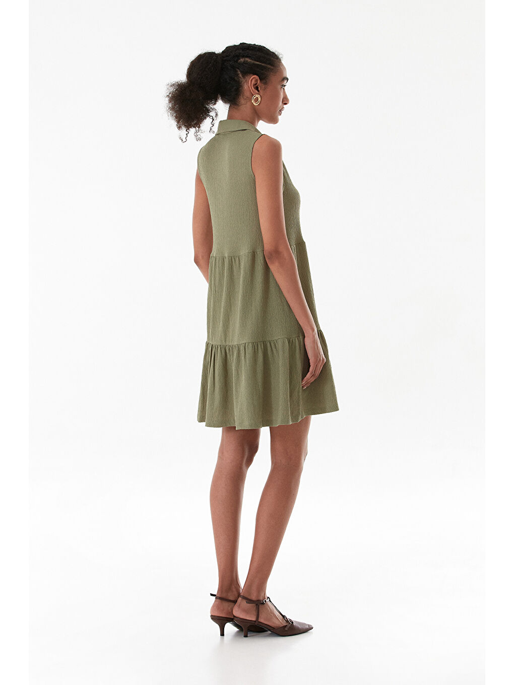 Turkuaz Bürümcük Kumaş Polo Yaka Yarım Düğmeli Elbise-4