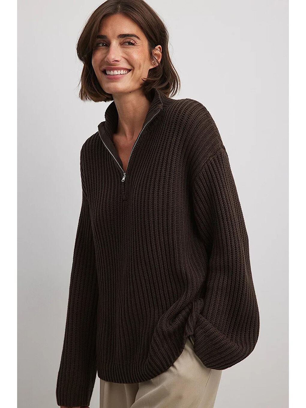 Kahverengi Acı Kahve Fermuar Yaka Basic Kazak Mg1960