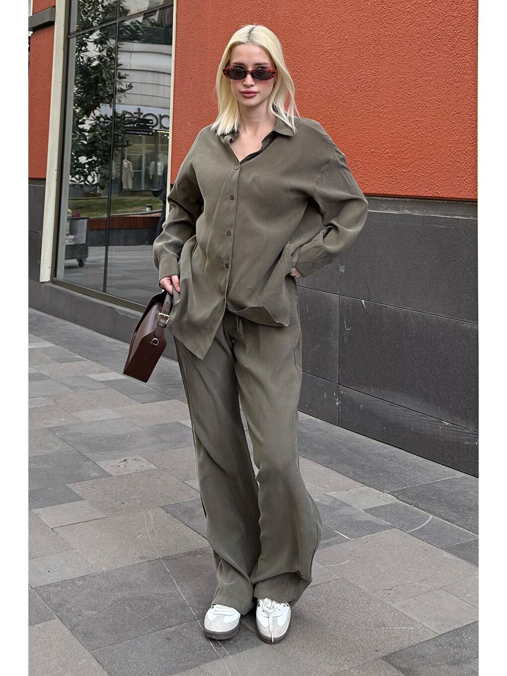 Haki Basic Kadın Gömlek Pantolon İkili Takım Mg2352-5