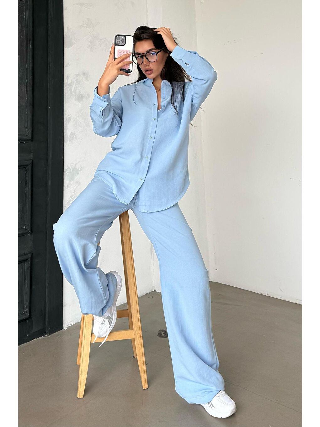 Bebe Mavisi Keten Kadın Gömlek Pantolon İkili Takım Mg2356
