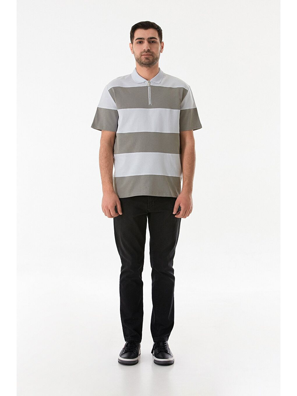 Gri Yarım Fermuarlı Polo Yaka Renk Bloklu Tişört-1