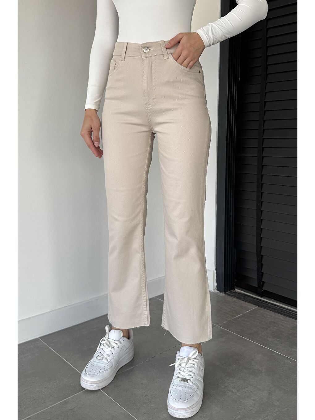 Bej Kadın Yüksek Bel Gabardin Pantolon