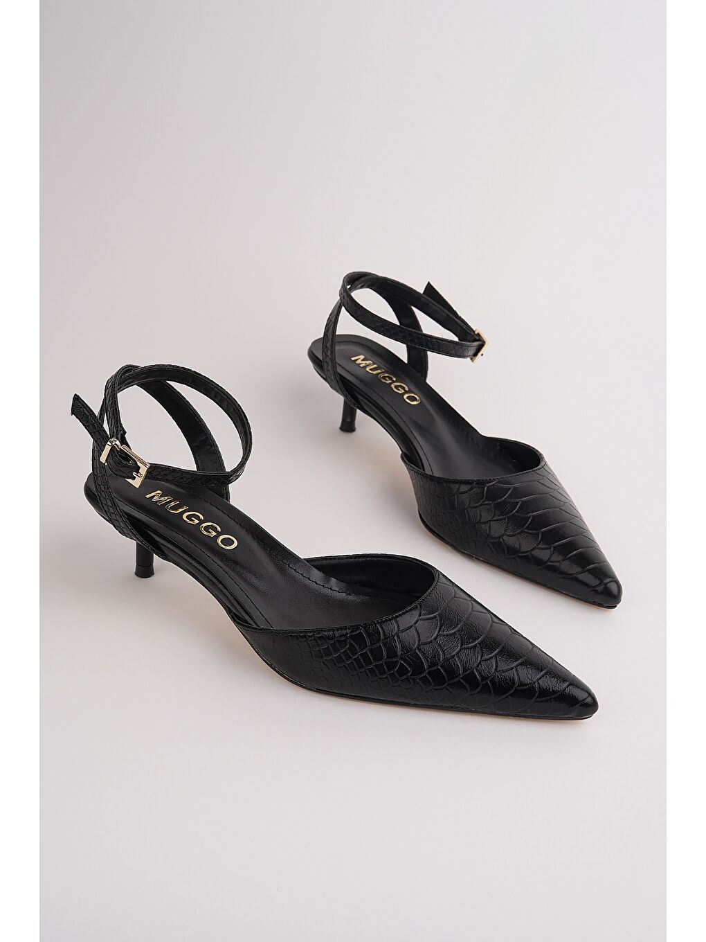 Siyah KİCK Kadın Kroko Desenli Sivri Burun İnce Topuklu Bilekten Bağlamalı Ayakkabı