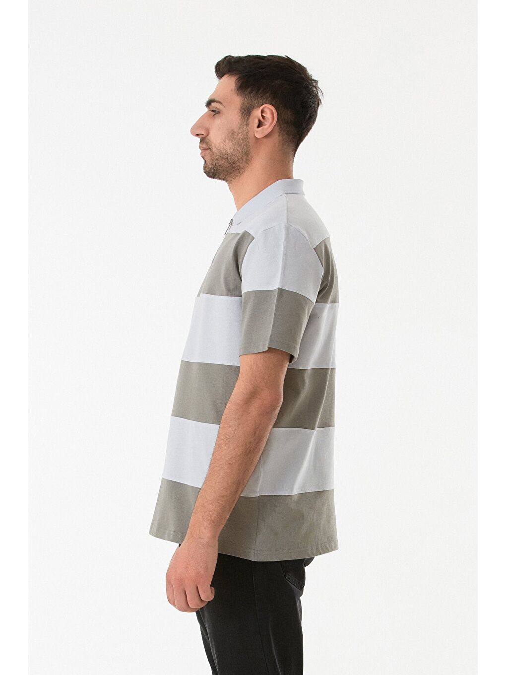 Gri Yarım Fermuarlı Polo Yaka Renk Bloklu Tişört-2