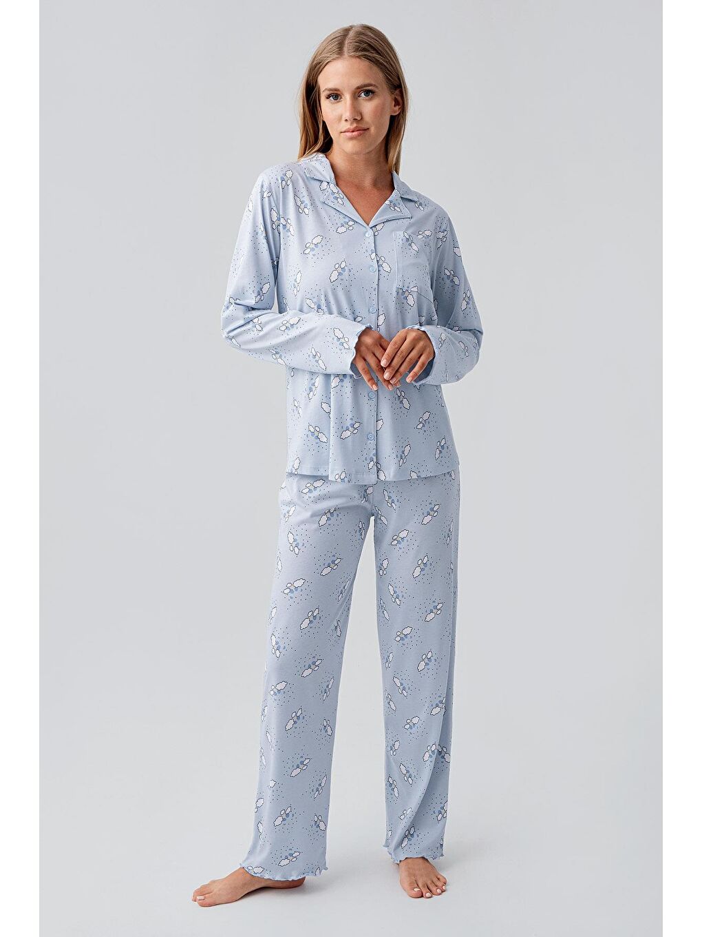 Mavi Uzun Kollu Desenli Düğmeli Esnek Pamuklu Hamile Pijama Takım 18200-1