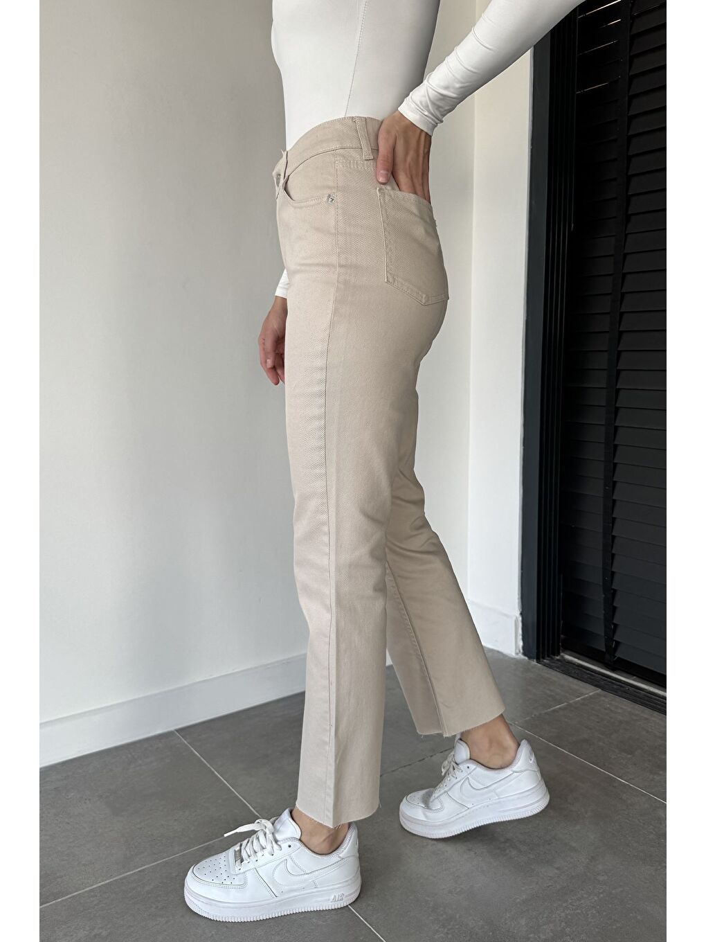 Bej Kadın Yüksek Bel Gabardin Pantolon-1