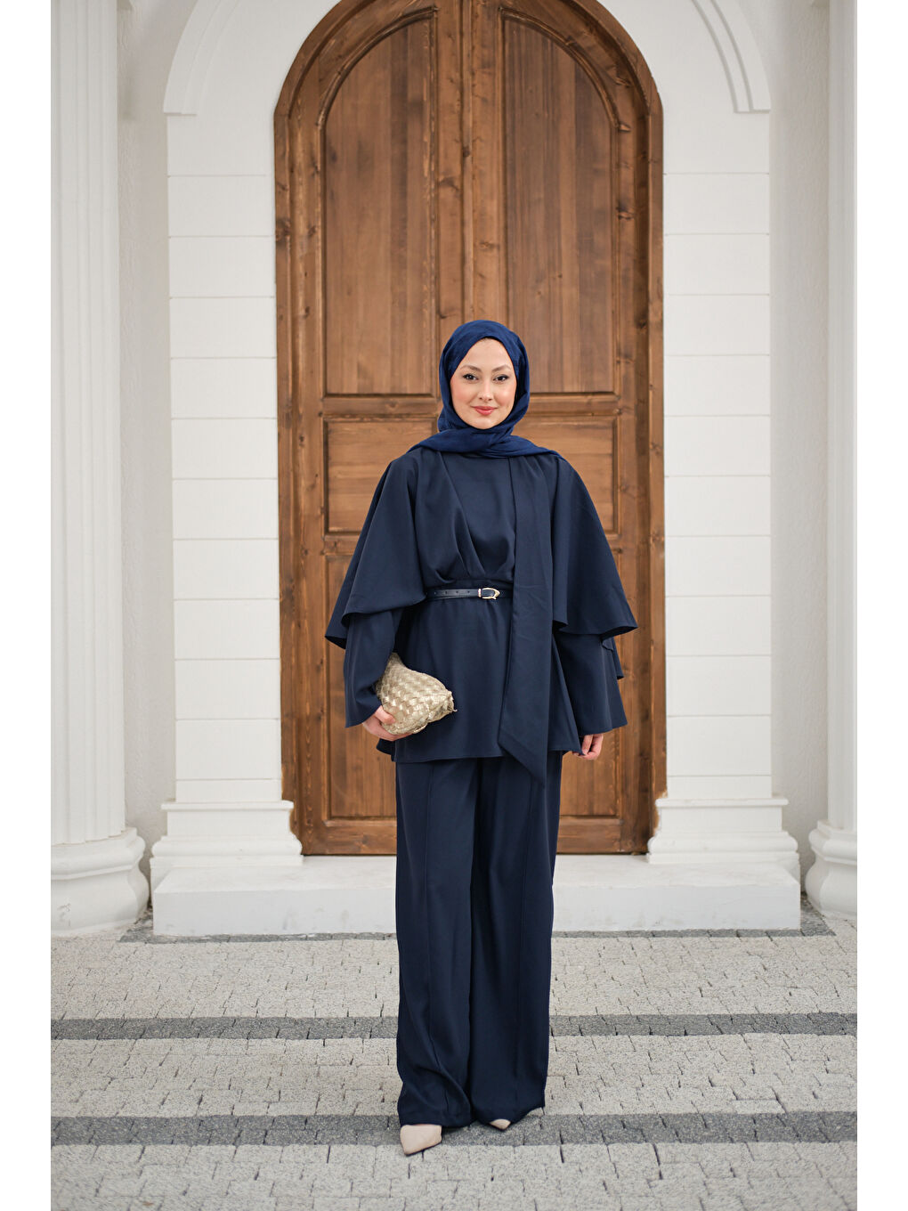 Kadın Önü Pile Detay Kemerli Takım Lacivert-4