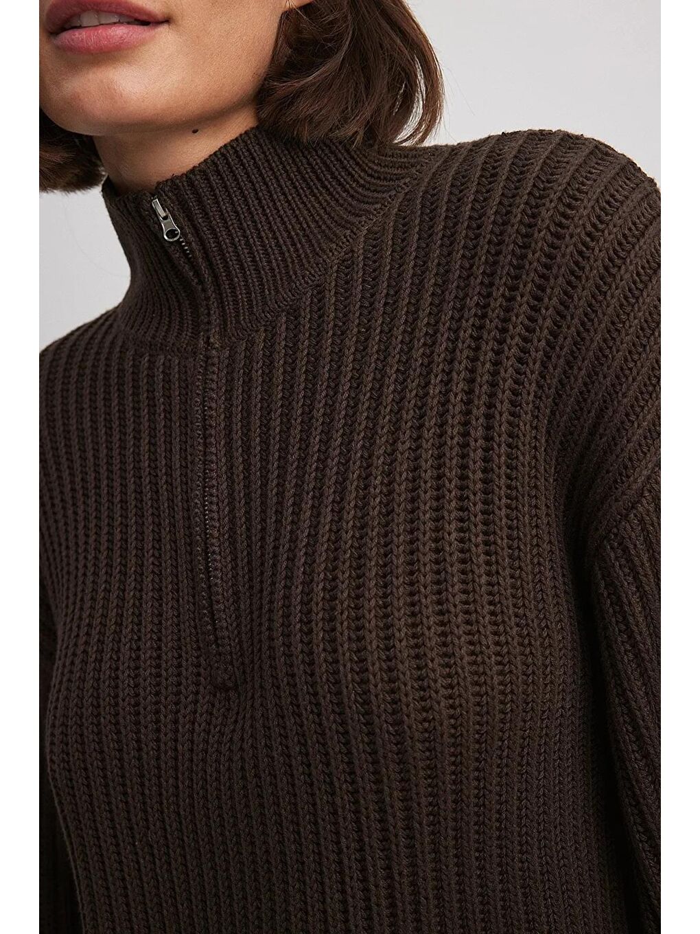 Kahverengi Acı Kahve Fermuar Yaka Basic Kazak Mg1960-1