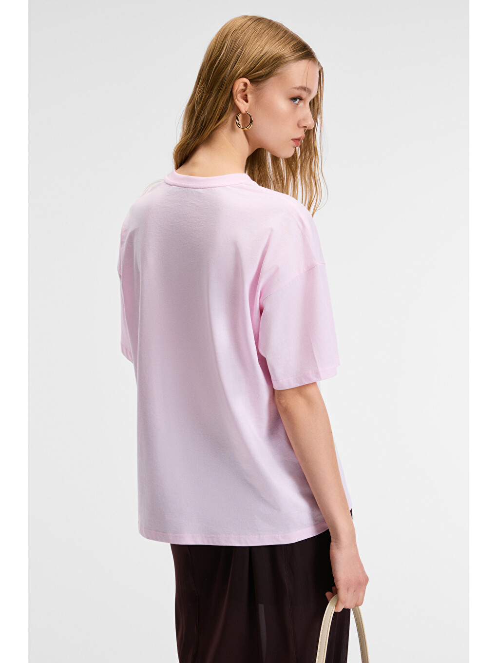Veymıra Kadın %100 Pamuk Bisiklet Yaka Kısa Kollu Oversize Fit Pembe T-shirt-4