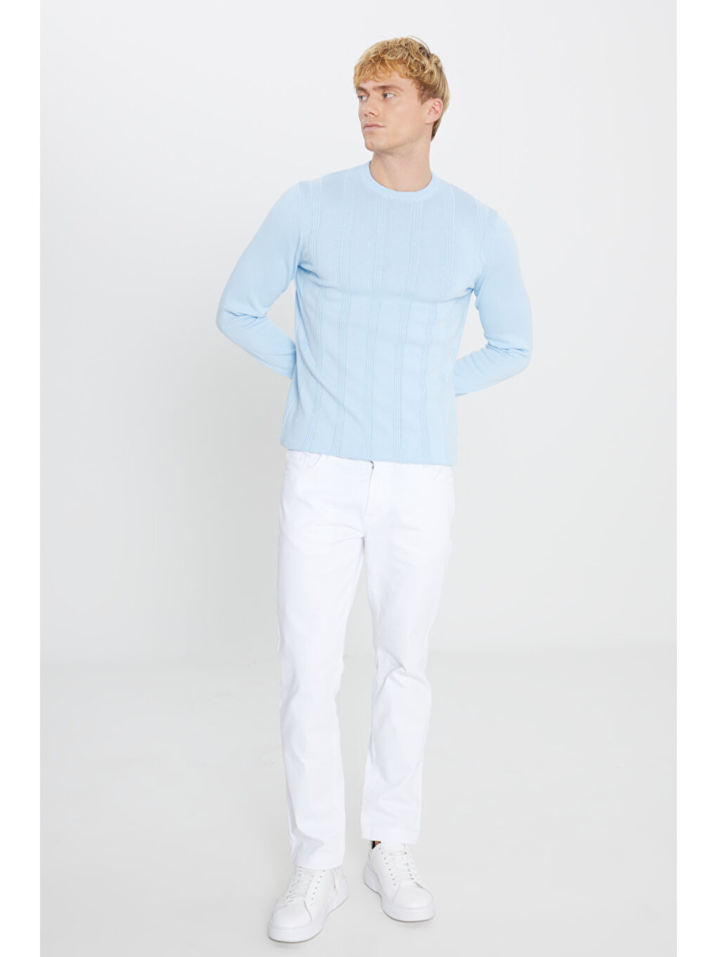 Erkek Buz Mavisi %100 Pamuk Standart Fit Normal Kesim Bisiklet Yaka Jakarlı Triko Kazak-1