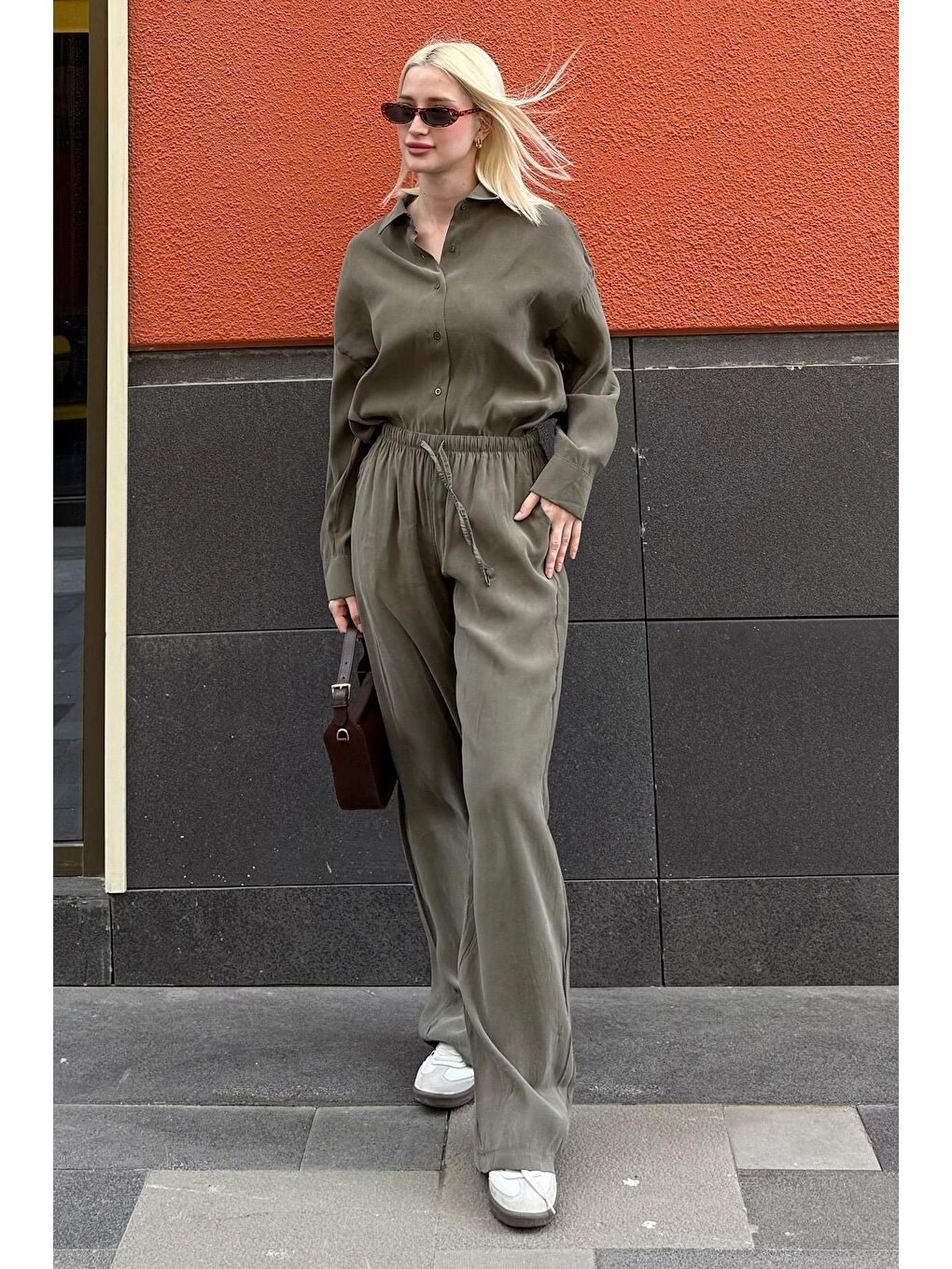 Haki Basic Kadın Gömlek Pantolon İkili Takım Mg2352-6