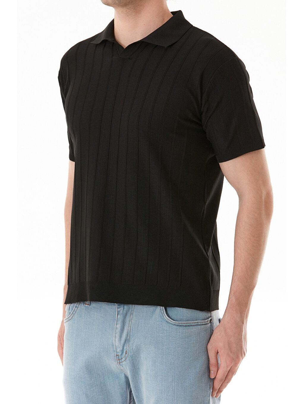 Siyah Şeritli Polo Yaka Triko Tişört-4