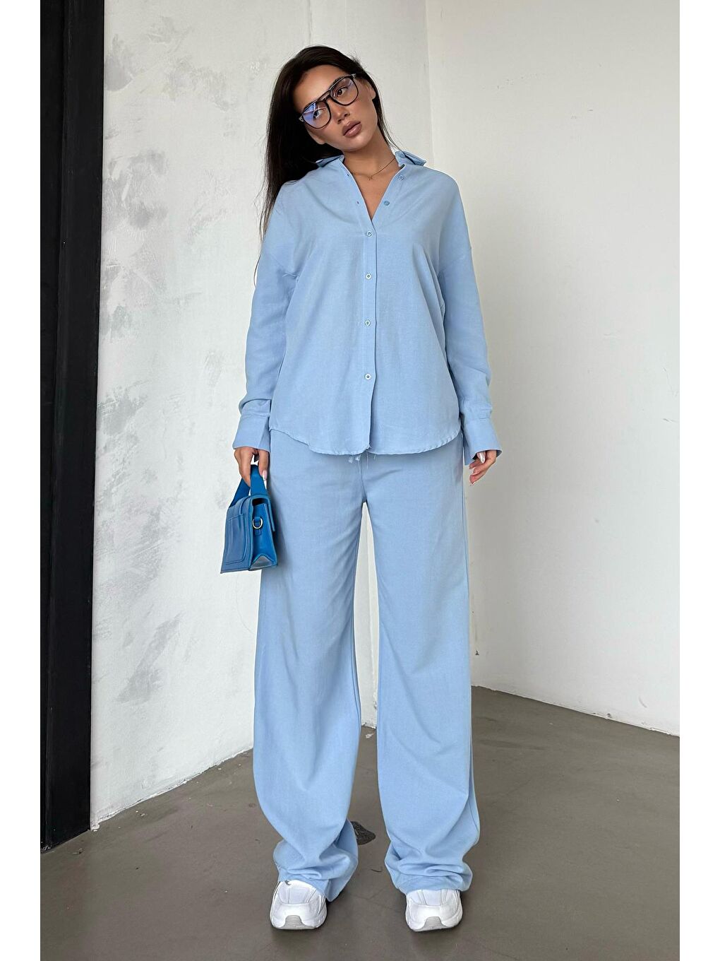 Bebe Mavisi Keten Kadın Gömlek Pantolon İkili Takım Mg2356-1