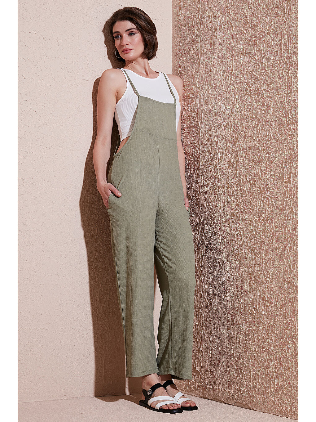 Yeşil Regular Fit Ayarlanabilir İp Askılı Bahçıvan Kadın Tulum 5865789-1