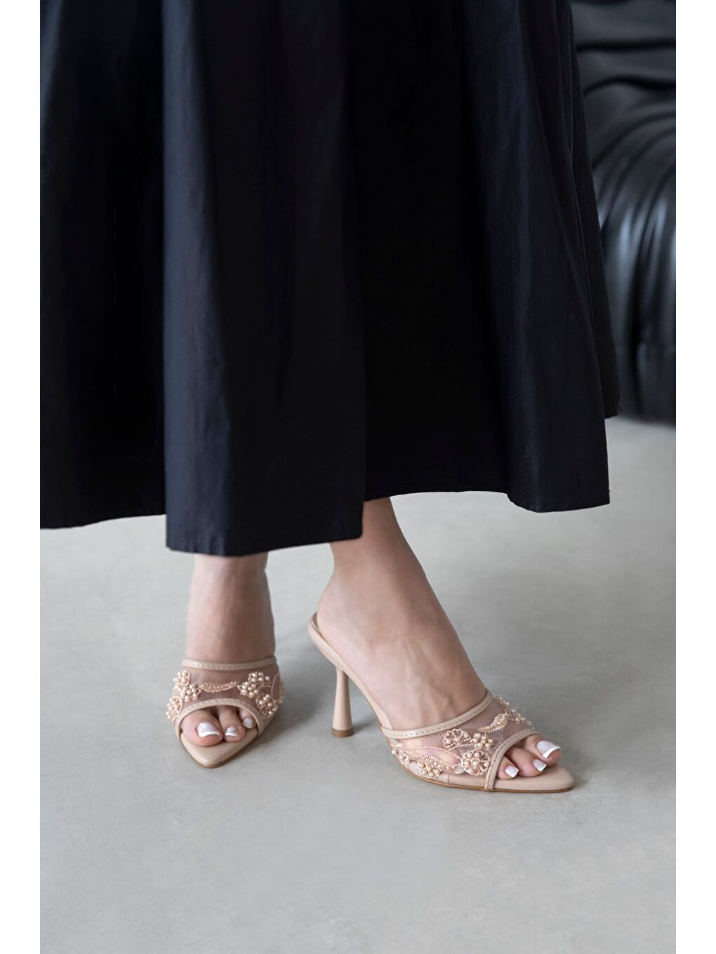 Bej Karis Kadın File Detay Topuklu Terlik Ten