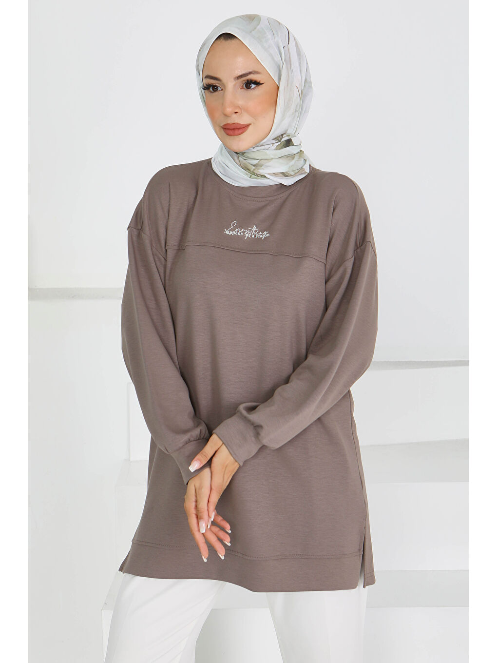 Bej Önü Baskılı Biyeli İki İplik Sweatshirt Vizon - 27609