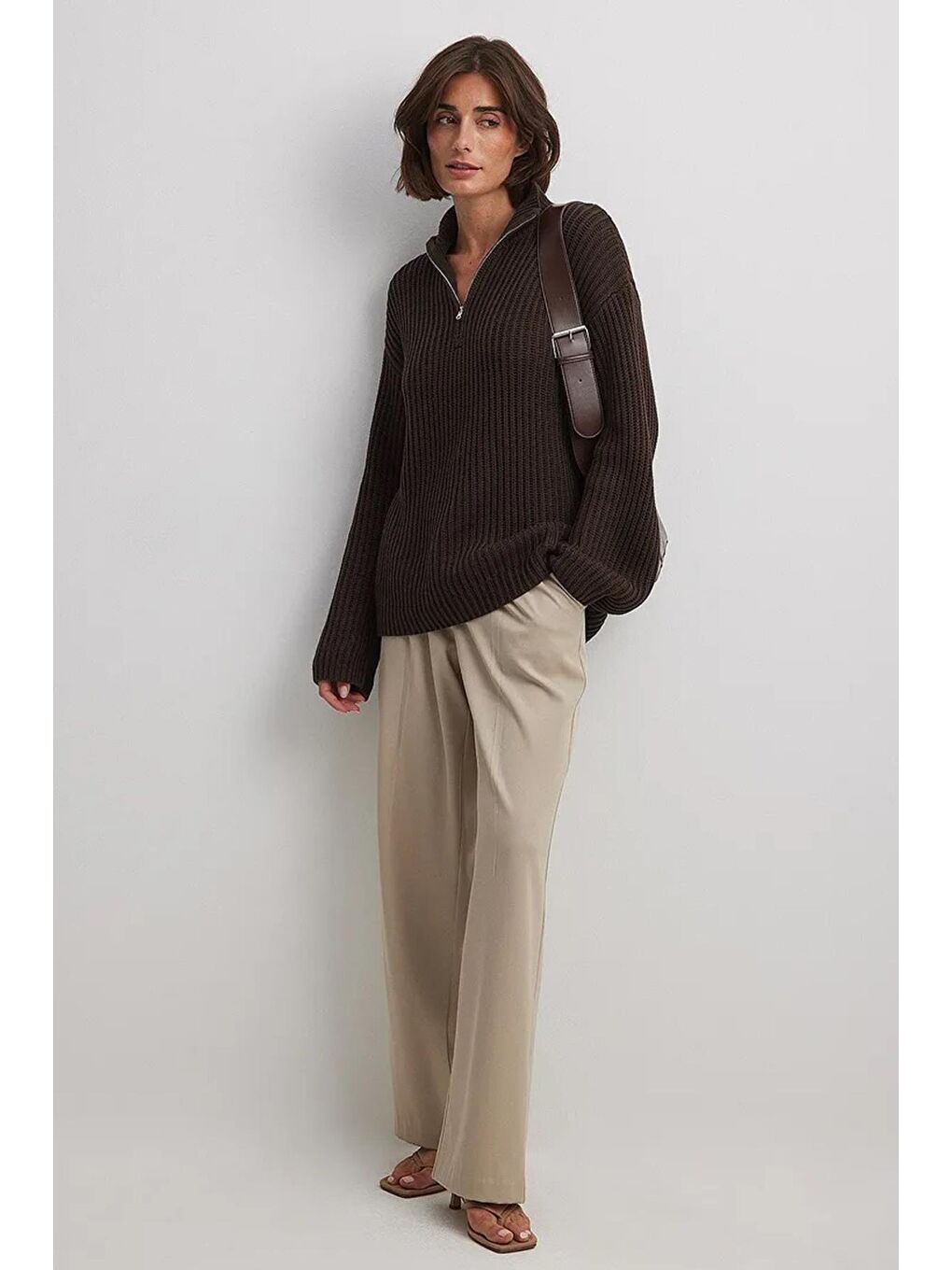 Kahverengi Acı Kahve Fermuar Yaka Basic Kazak Mg1960-2