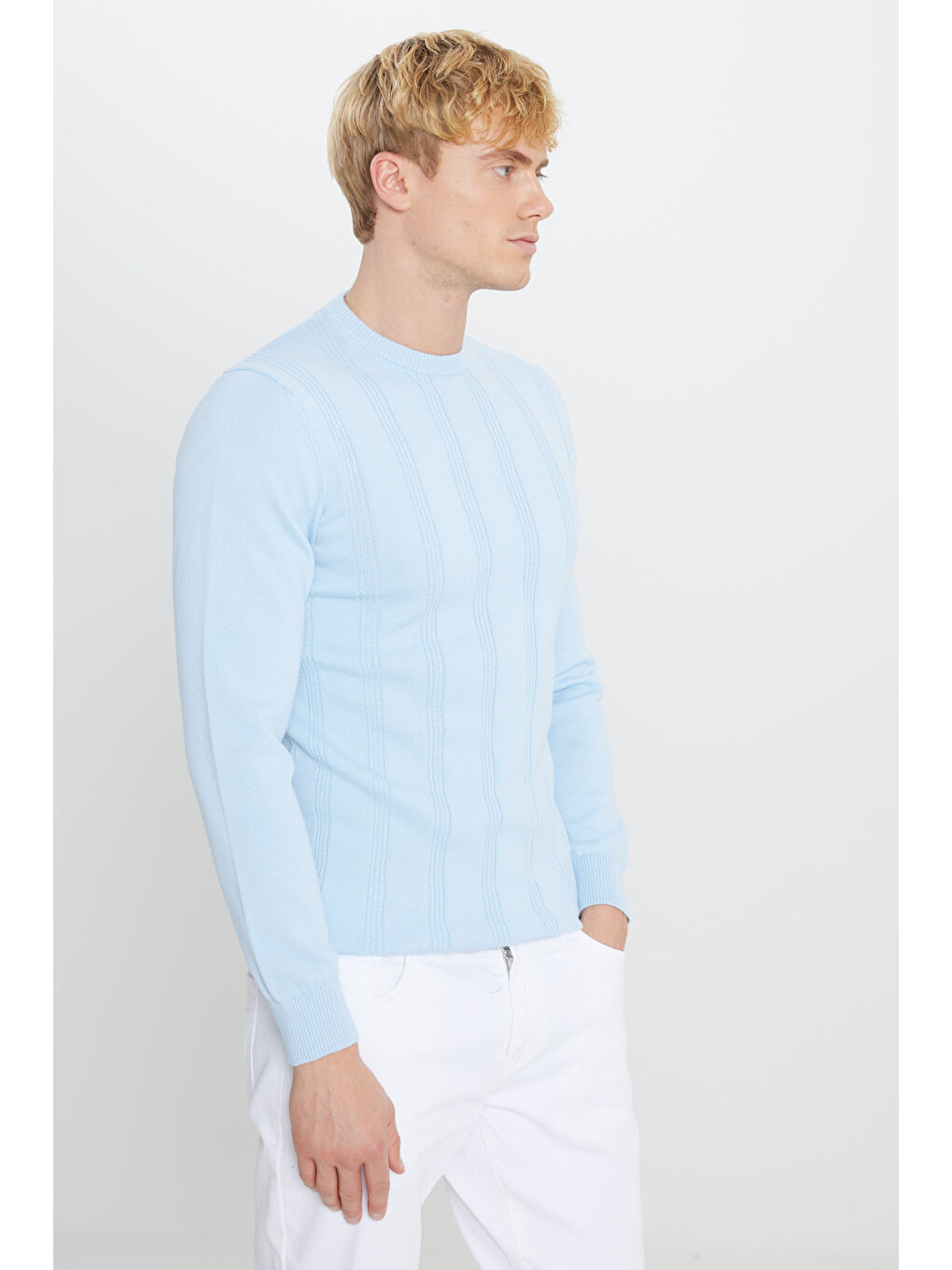 Erkek Buz Mavisi %100 Pamuk Standart Fit Normal Kesim Bisiklet Yaka Jakarlı Triko Kazak-2