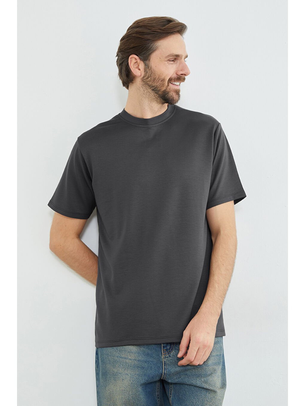 Gri Basic Bisiklet Yaka Modal Tişört-2