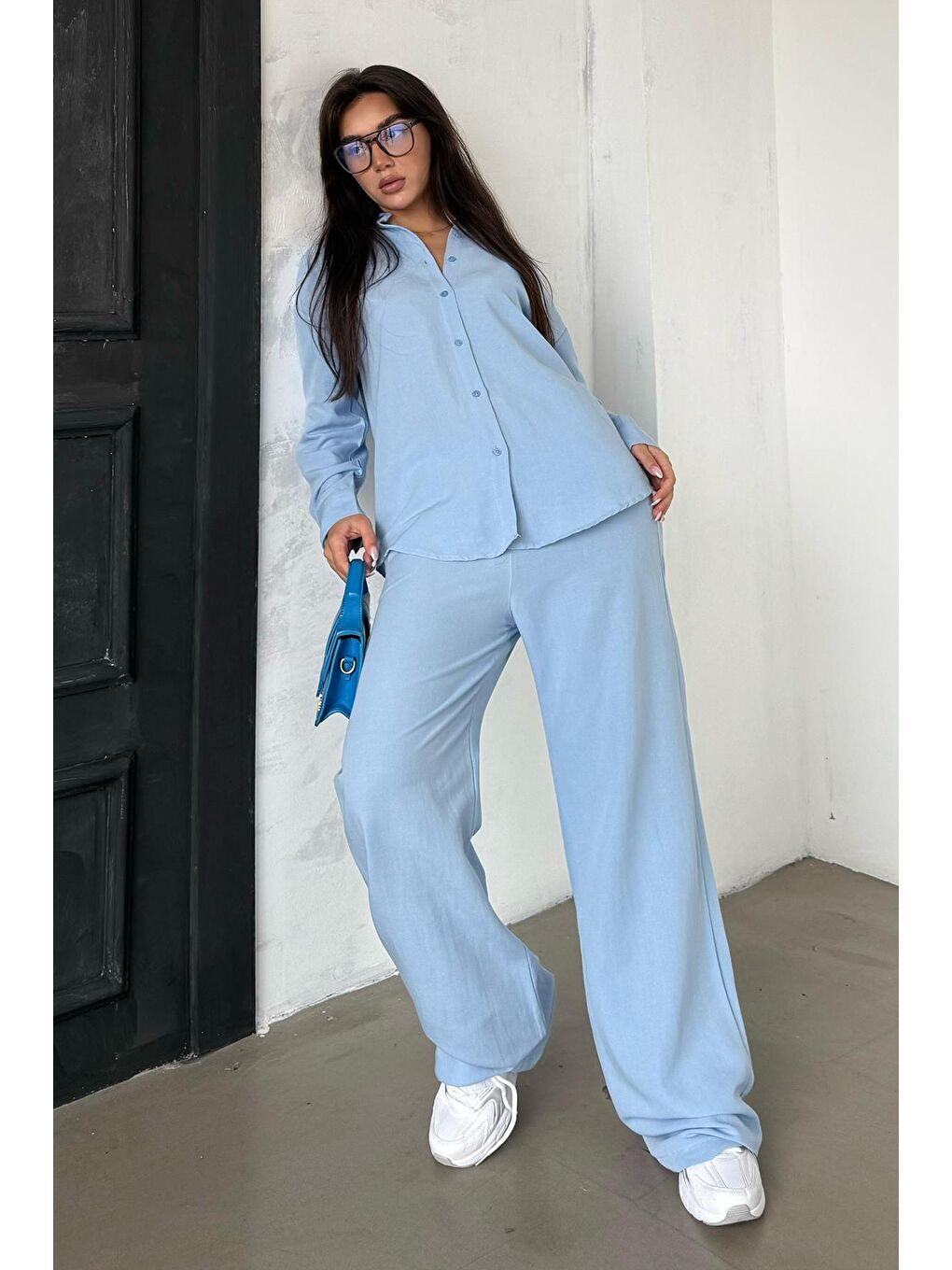 Bebe Mavisi Keten Kadın Gömlek Pantolon İkili Takım Mg2356-2