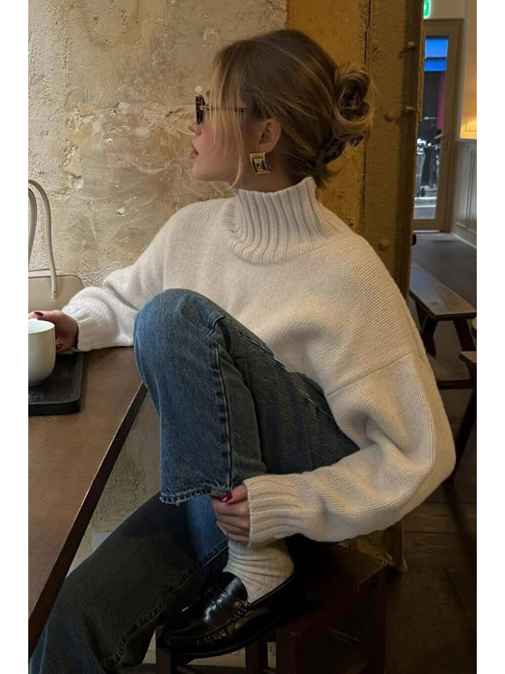 Ekru Boğazlı Kadın Triko Kazak Mg2535-1