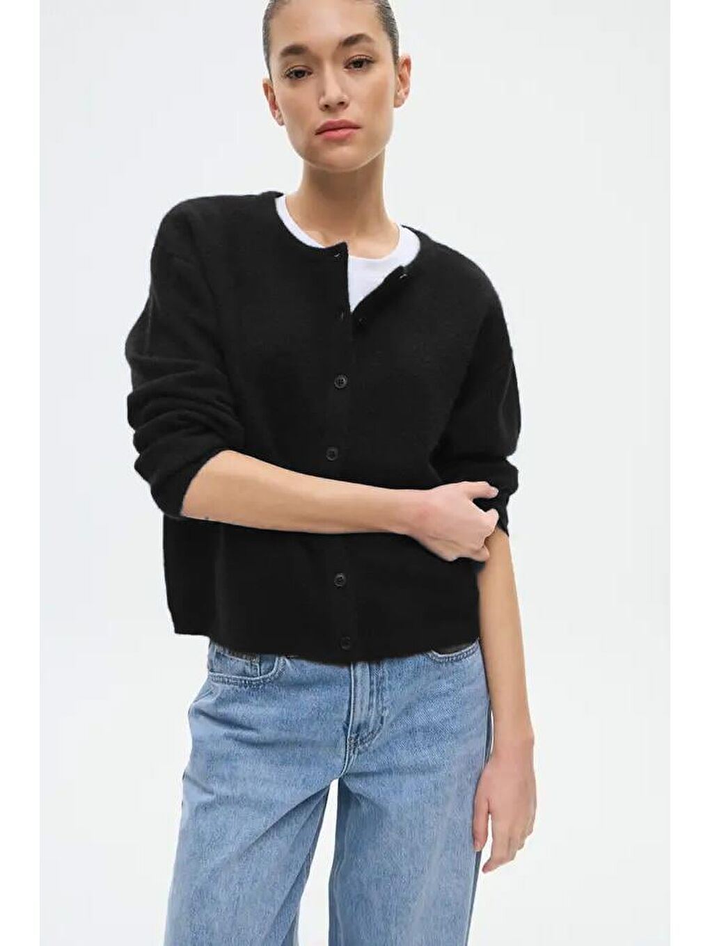 Siyah Rahat Kalıp Düğmeli Triko Kadın Hırka Mg2552-3