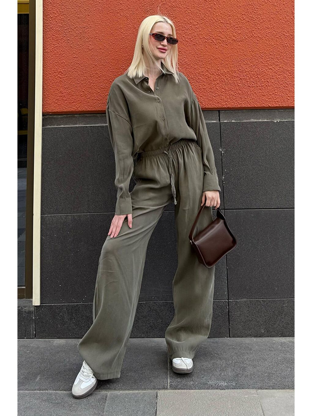 Haki Basic Kadın Gömlek Pantolon İkili Takım Mg2352-7