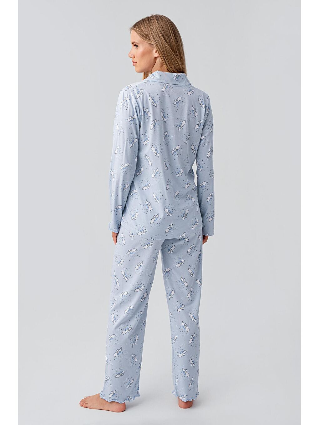 Mavi Uzun Kollu Desenli Düğmeli Esnek Pamuklu Hamile Pijama Takım 18200-2