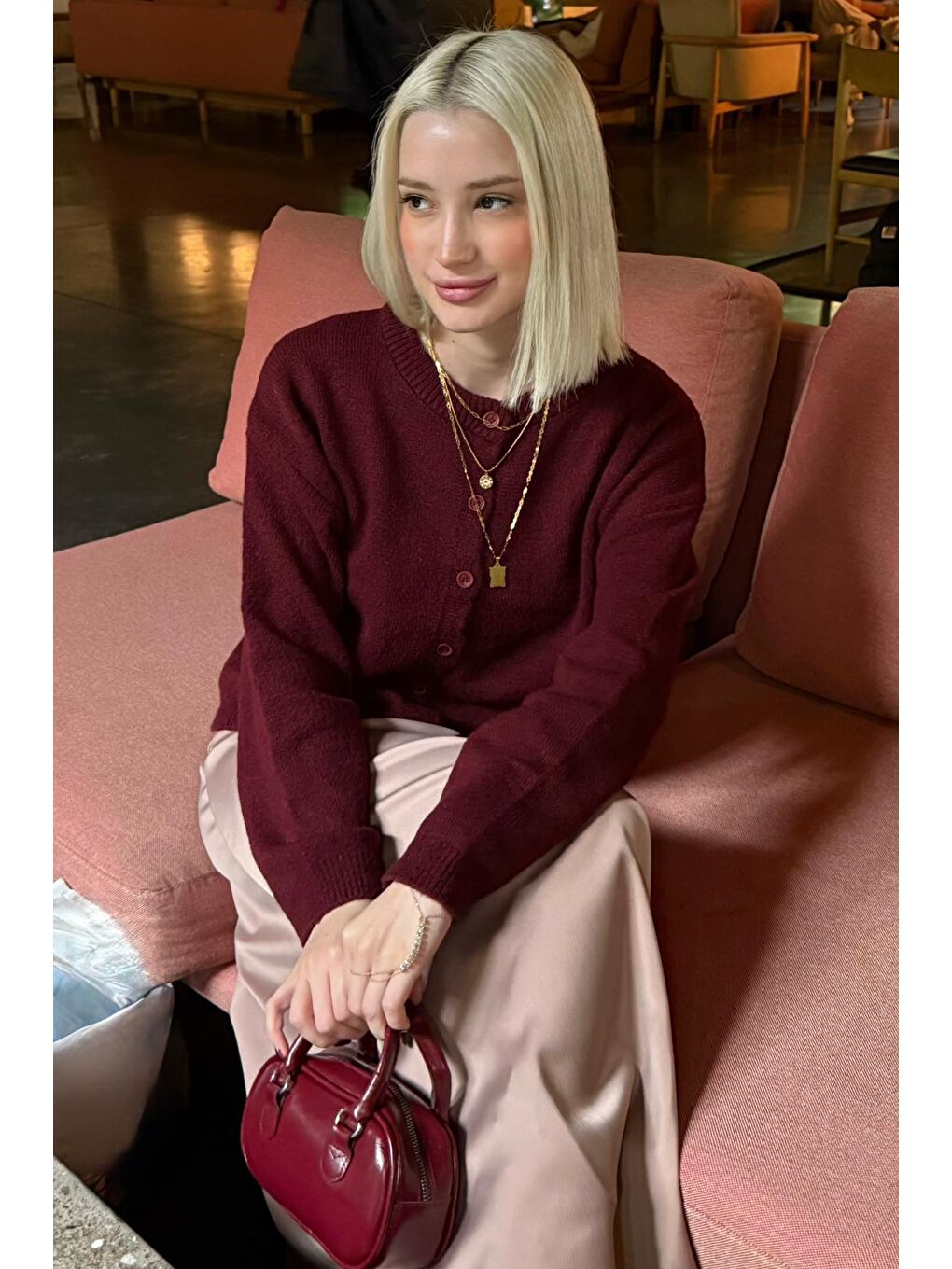 Bordo Rahat Kalıp Düğmeli Triko Kadın Hırka Mg2552-3