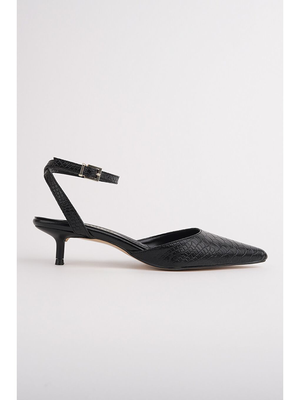 Siyah KİCK Kadın Kroko Desenli Sivri Burun İnce Topuklu Bilekten Bağlamalı Ayakkabı-1