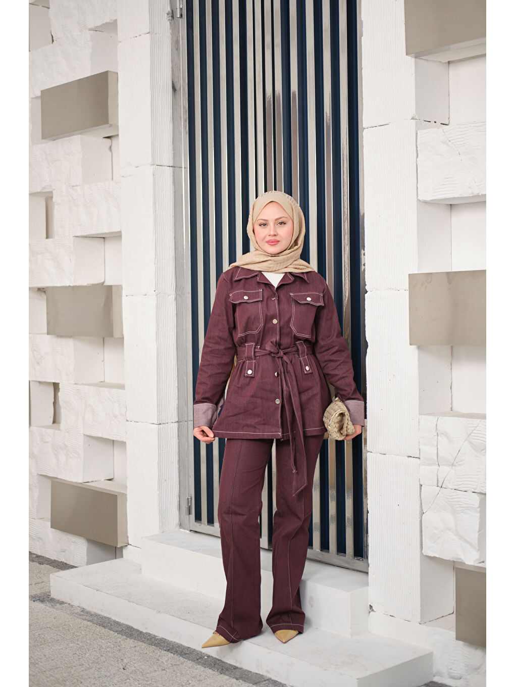 Kadın Çıt Çıt Detaylı Dikiş Detay Bel Bağlamalı Takım Bordo-1