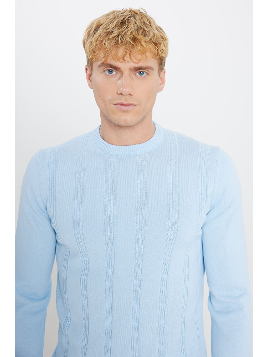 Erkek Buz Mavisi %100 Pamuk Standart Fit Normal Kesim Bisiklet Yaka Jakarlı Triko Kazak-3