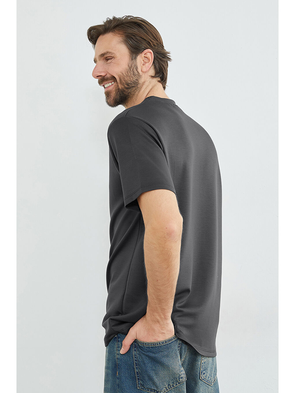 Gri Basic Bisiklet Yaka Modal Tişört-3