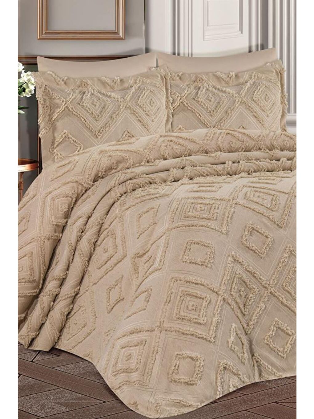 Hürrem Sakallı 3 Parça Çift Kişilik Pike Takımı Bej