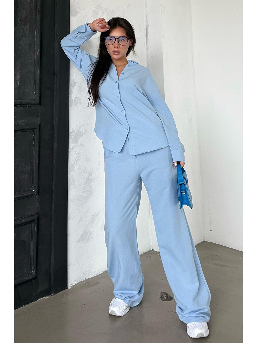 Bebe Mavisi Keten Kadın Gömlek Pantolon İkili Takım Mg2356-3