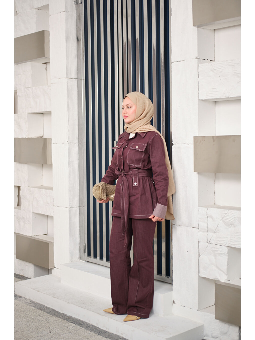 Kadın Çıt Çıt Detaylı Dikiş Detay Bel Bağlamalı Takım Bordo-2