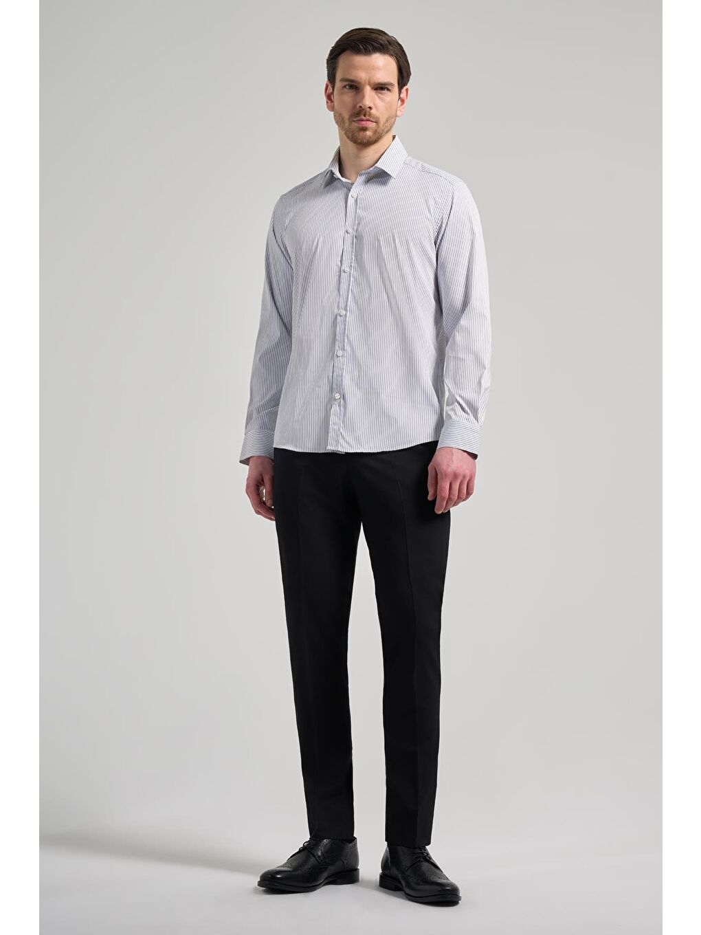 Beyaz Uzun Kol Desen Yarım İtalyan Yaka Cepsiz Esnek Classic Slim Fit Gömlek 1004245218-1