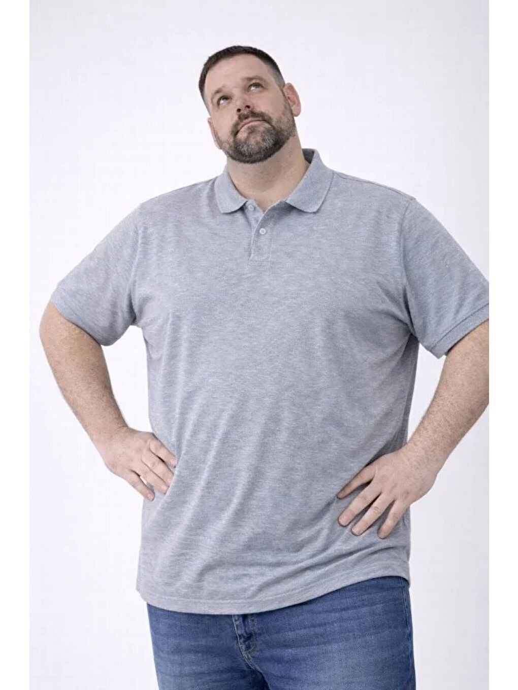 Erkek Pike Kumaş Düğmeli Yaka Battal Büyük Beden Günlük Kısa Kol Tişört T-shirt - Gri