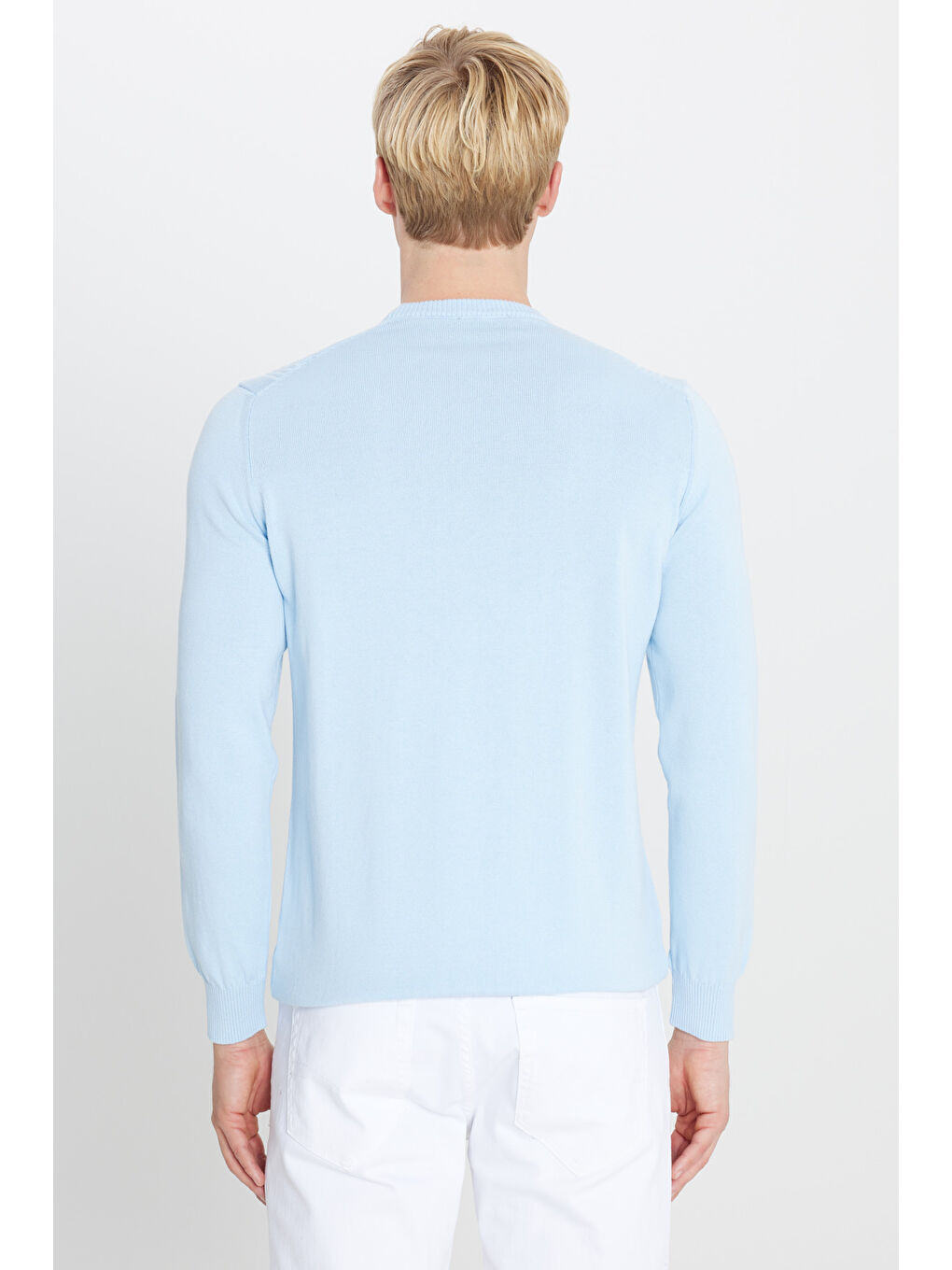 Erkek Buz Mavisi %100 Pamuk Standart Fit Normal Kesim Bisiklet Yaka Jakarlı Triko Kazak-4