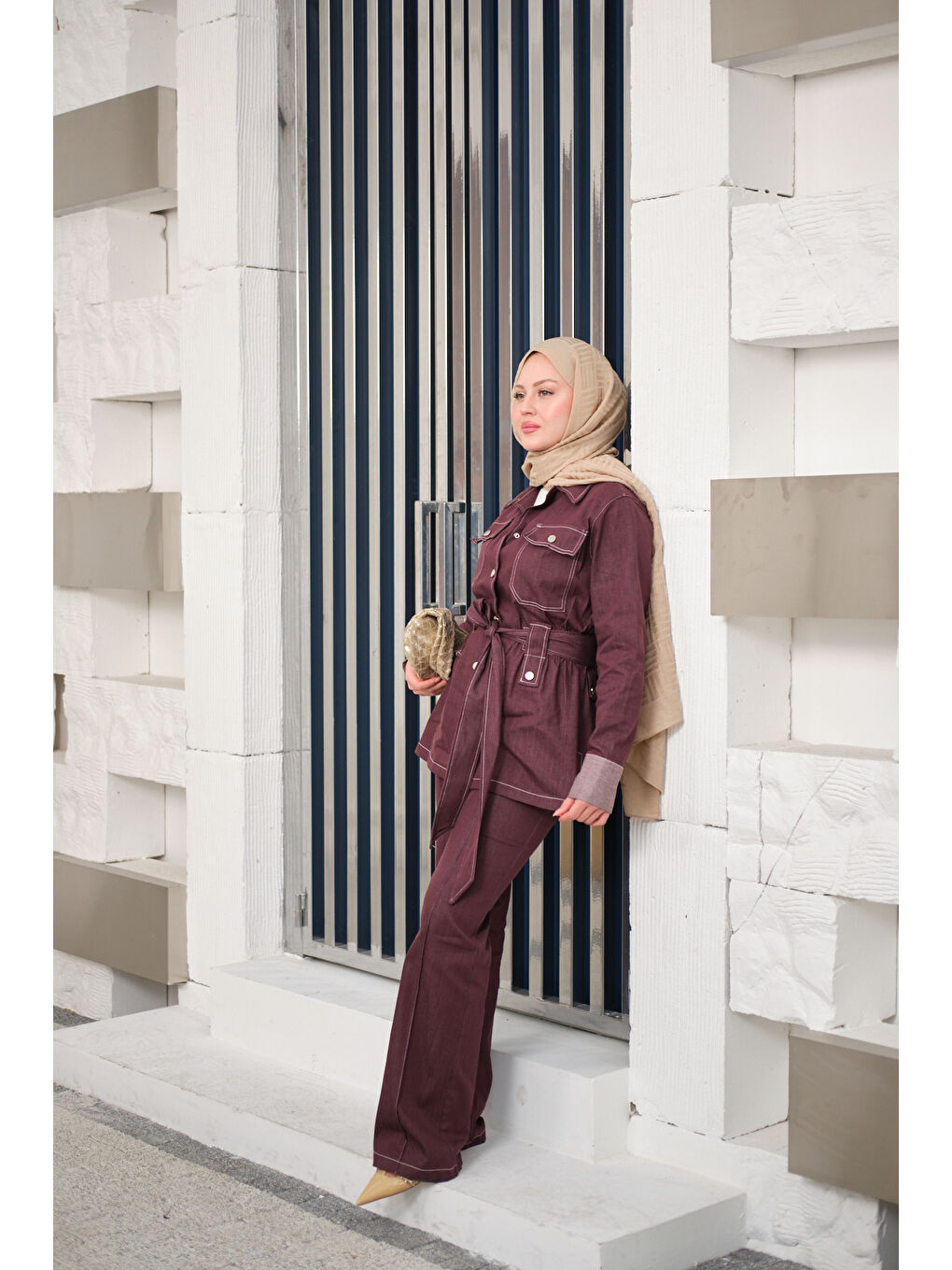 Kadın Çıt Çıt Detaylı Dikiş Detay Bel Bağlamalı Takım Bordo-3