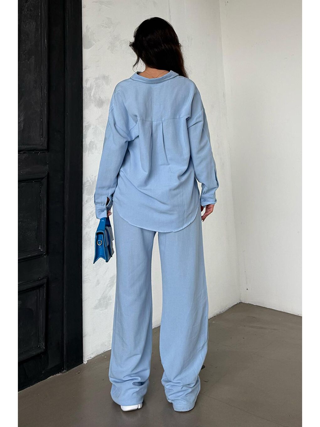 Bebe Mavisi Keten Kadın Gömlek Pantolon İkili Takım Mg2356-4