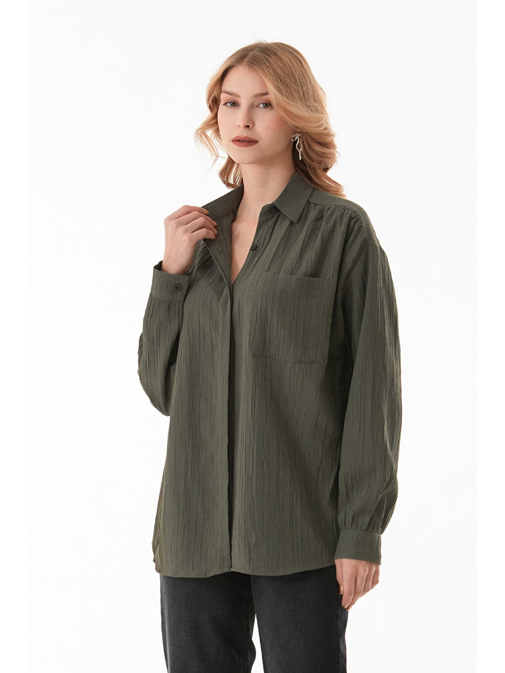 Haki Basic Krep Kumaş Tek Cepli Oversize Gömlek-2