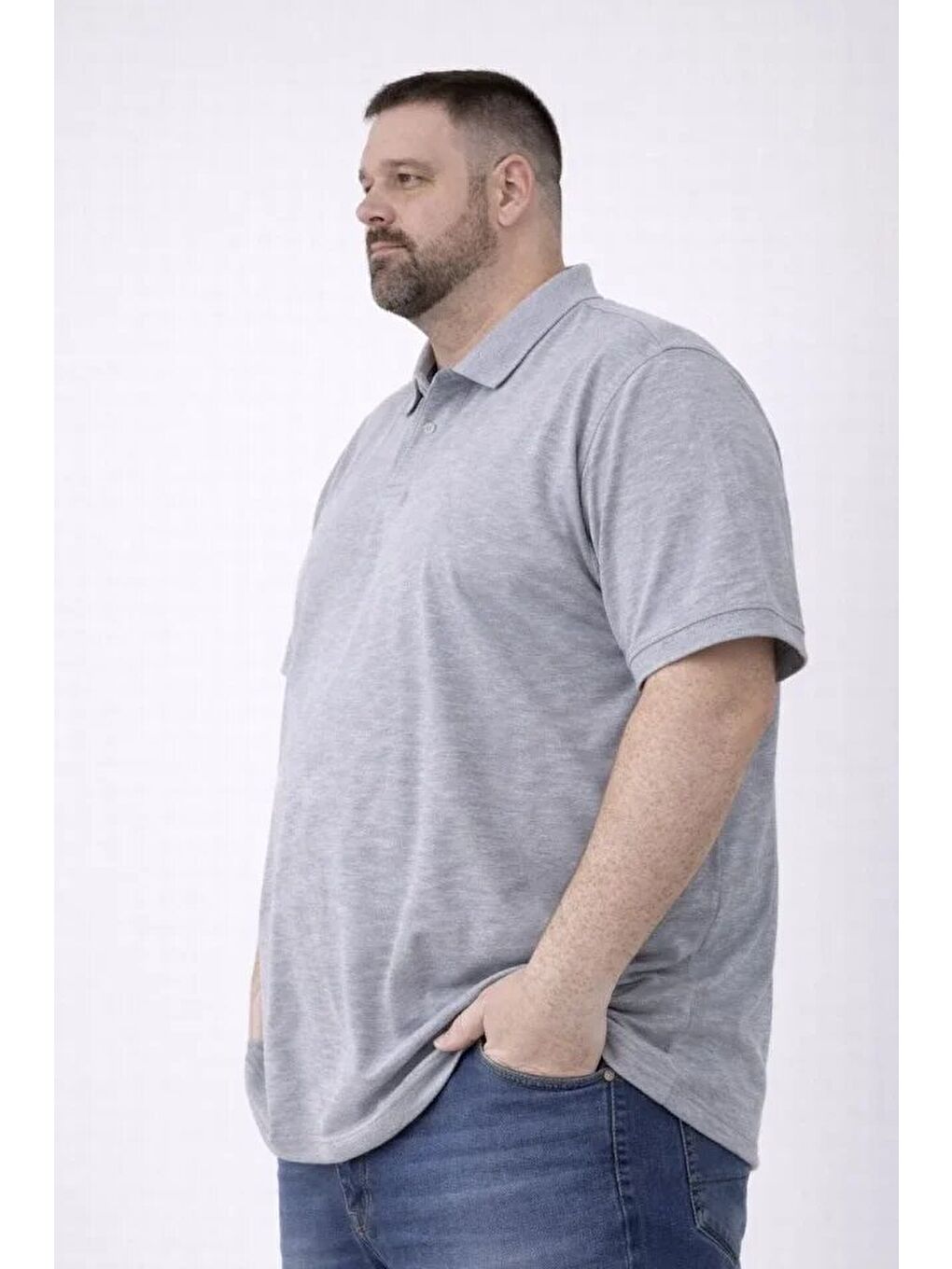 Erkek Pike Kumaş Düğmeli Yaka Battal Büyük Beden Günlük Kısa Kol Tişört T-shirt - Gri-1