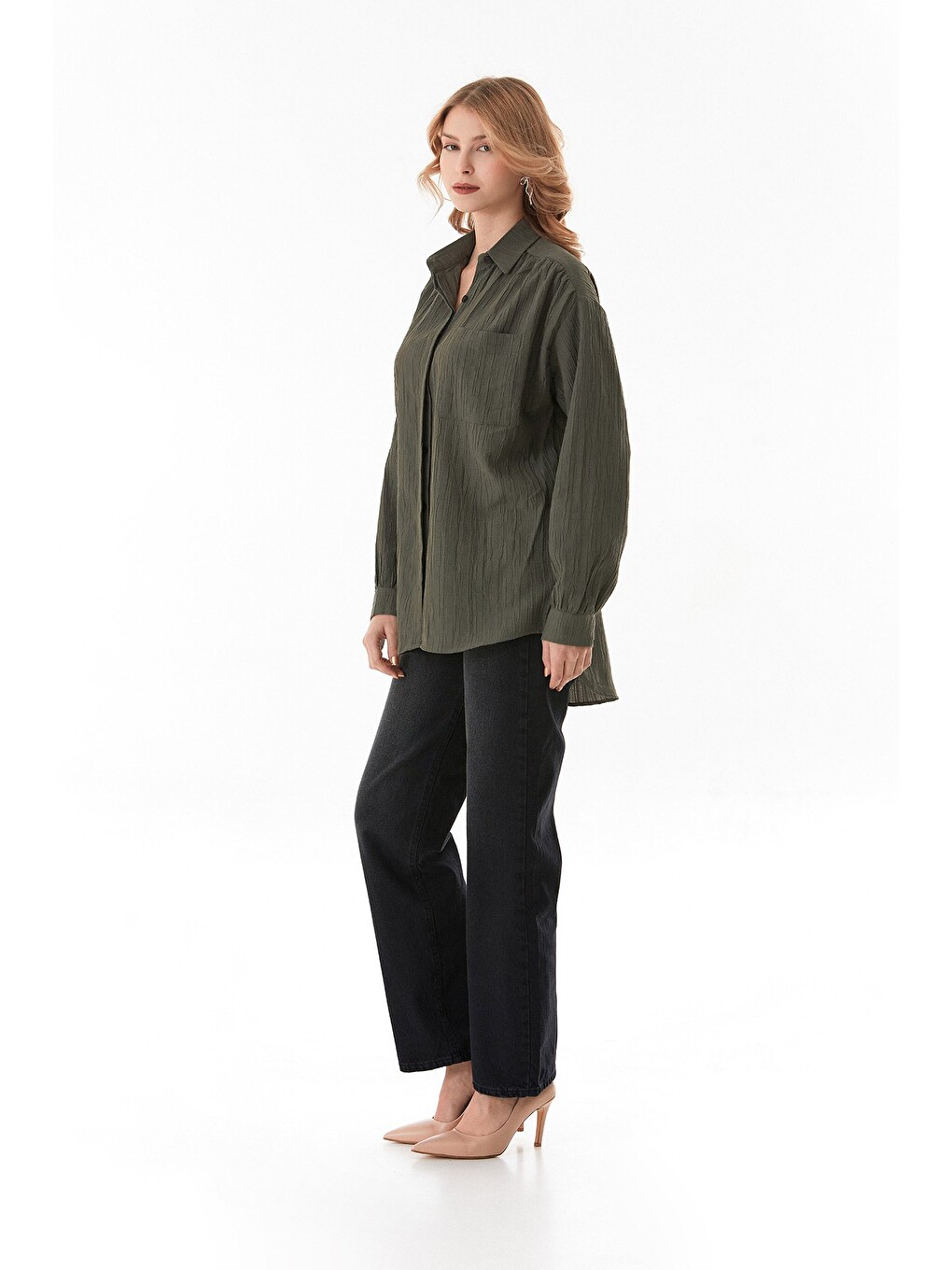 Haki Basic Krep Kumaş Tek Cepli Oversize Gömlek-3
